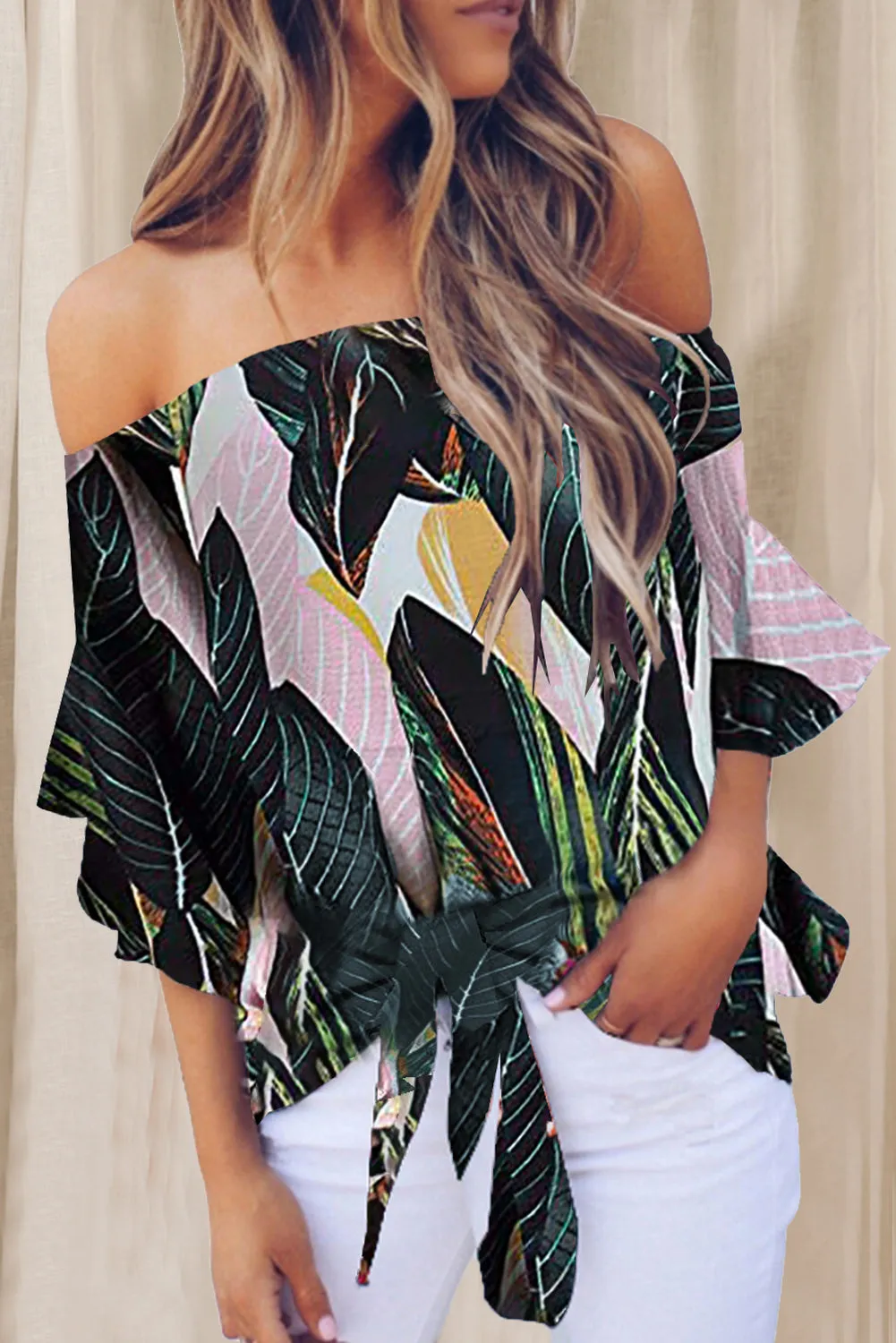 Off Shoulder Floral Tie Front High Low Chiffon Blouse