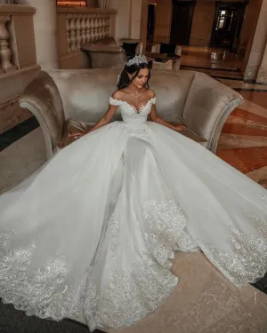 off the shoulder wedding dress ball gown lace applique elegant princess boho wedding gown