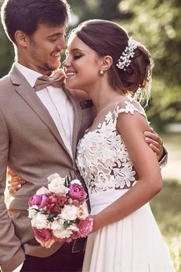 Off White Lace Cap Sleeves Chiffon Beach Wedding Dresses With Appliques, MW589