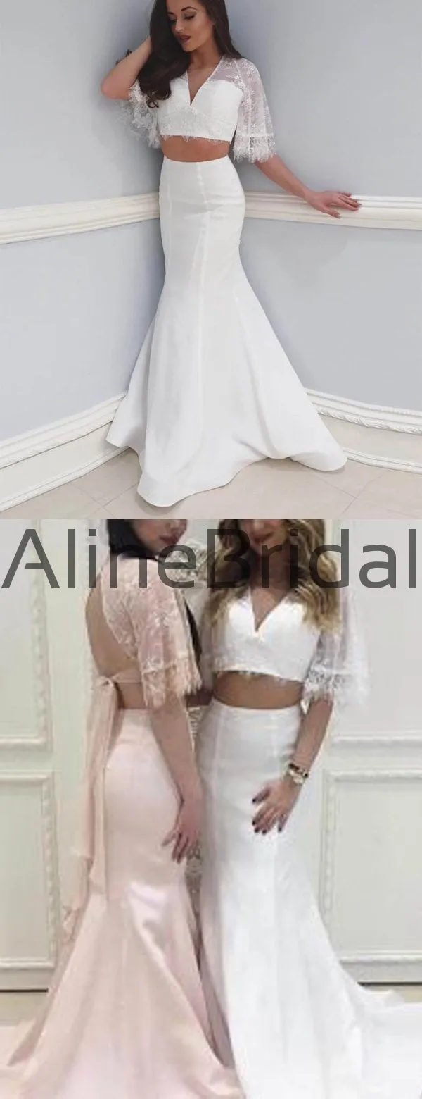 Off White Two Piece Lace Mermaid Boho Half Sleeve Wedding Dresses, AB1535