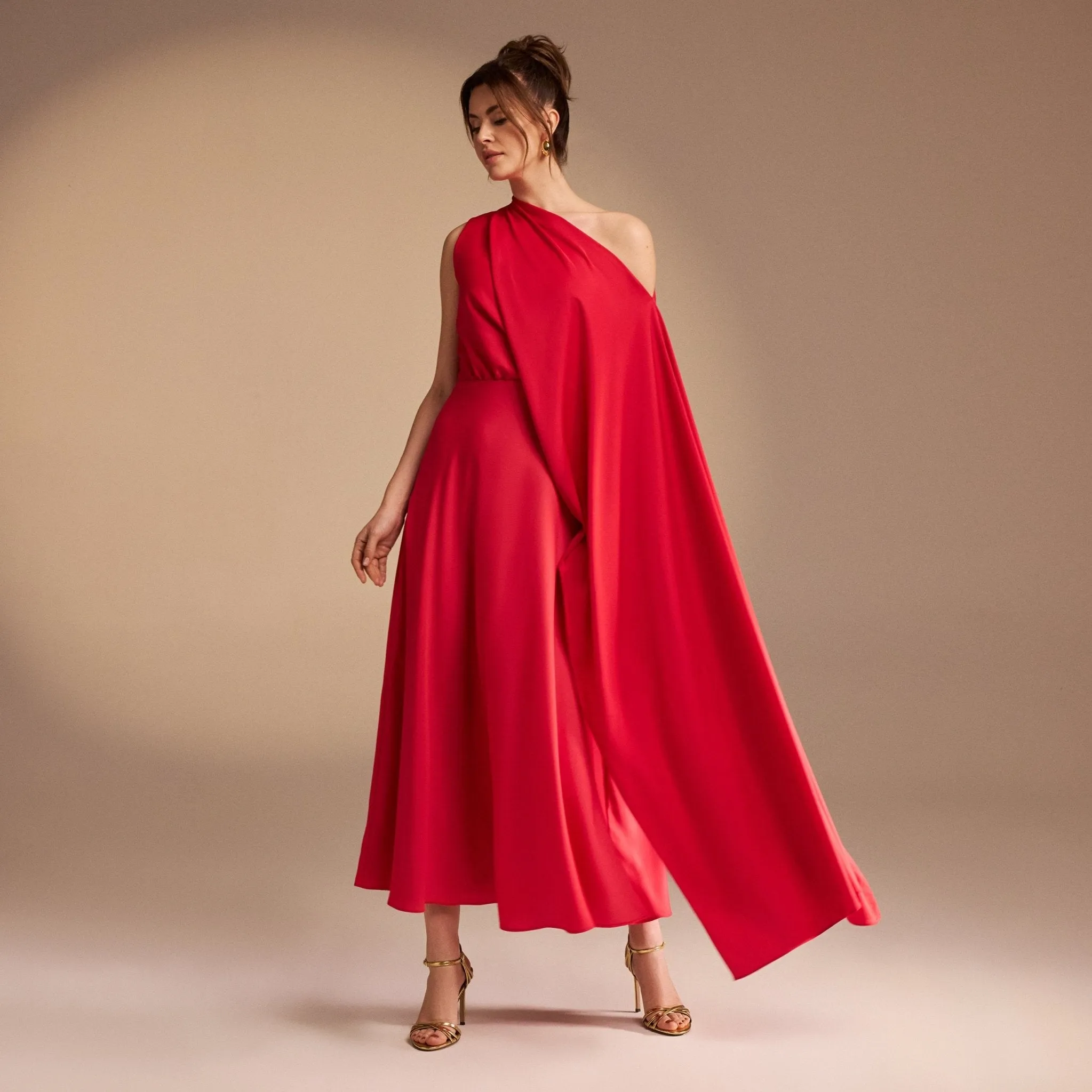 One Shoulder Draped A-line Midi Dress