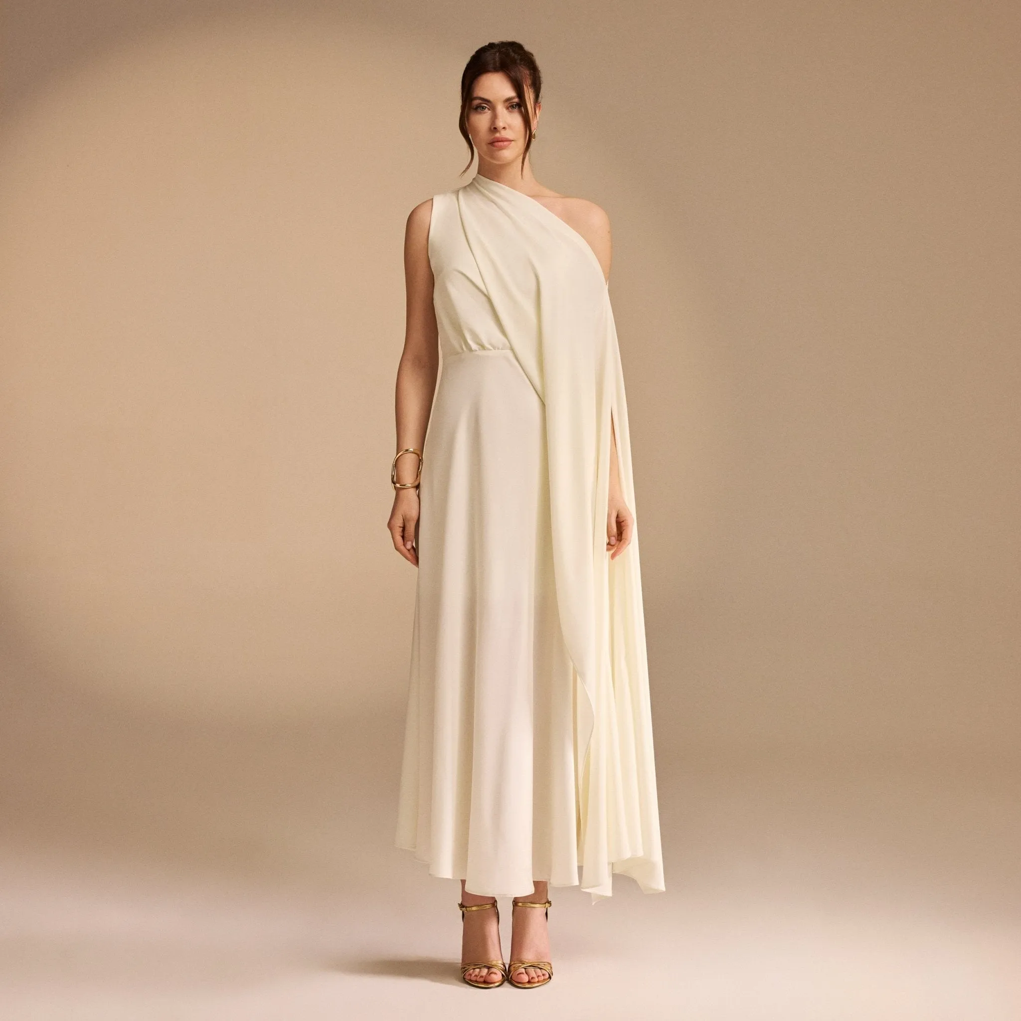 One Shoulder Draped A-line Midi Dress