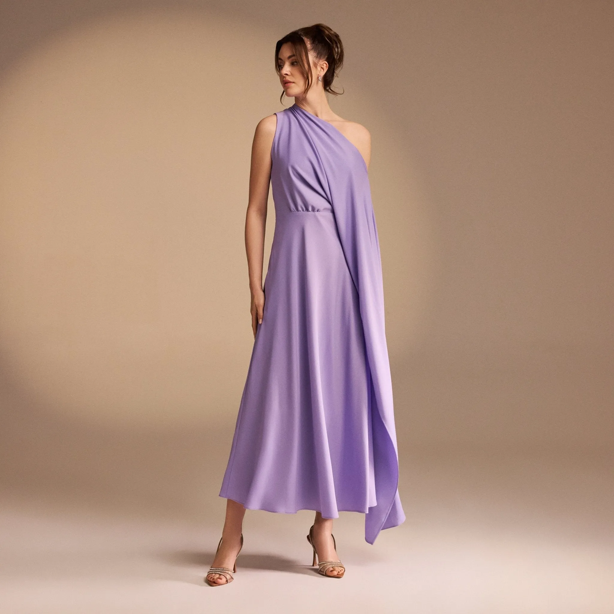 One Shoulder Draped A-line Midi Dress
