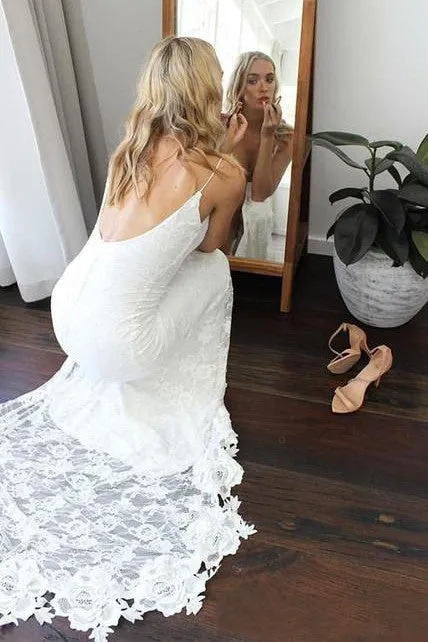 Open Back Lace Boho Wedding Dresses with High Thigh Slit