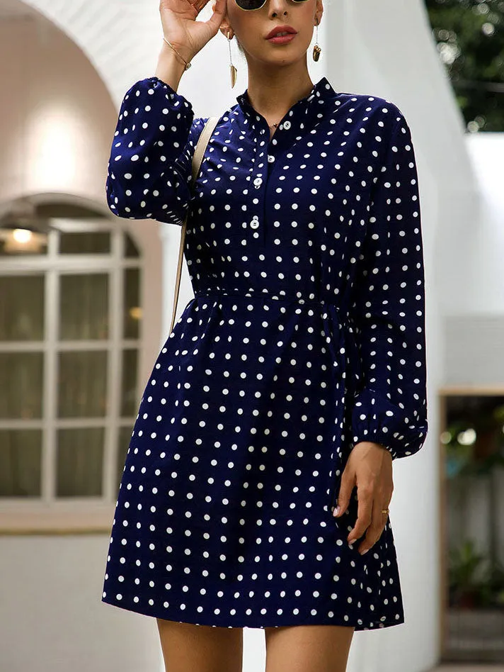 Original Design with High Waist Stand Collar Long Sleeve Fashion Slim Polka Dot Print Skirt