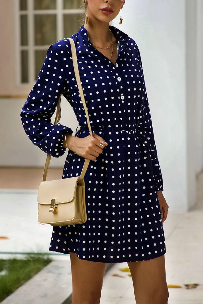 Original Design with High Waist Stand Collar Long Sleeve Fashion Slim Polka Dot Print Skirt