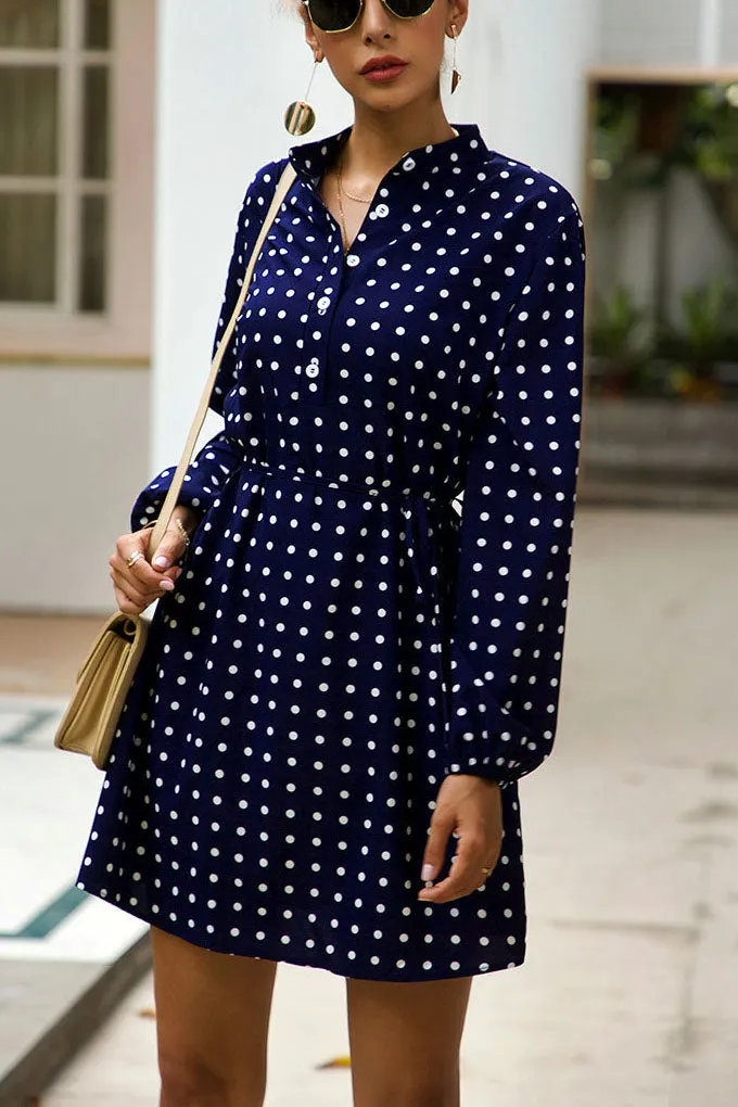 Original Design with High Waist Stand Collar Long Sleeve Fashion Slim Polka Dot Print Skirt