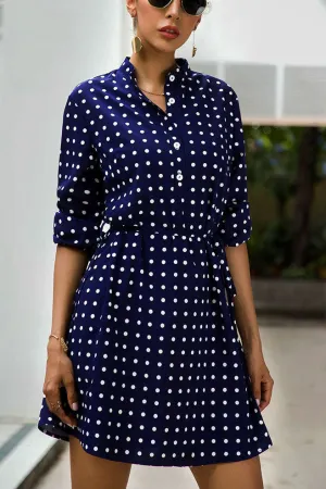 Original Design with High Waist Stand Collar Long Sleeve Fashion Slim Polka Dot Print Skirt