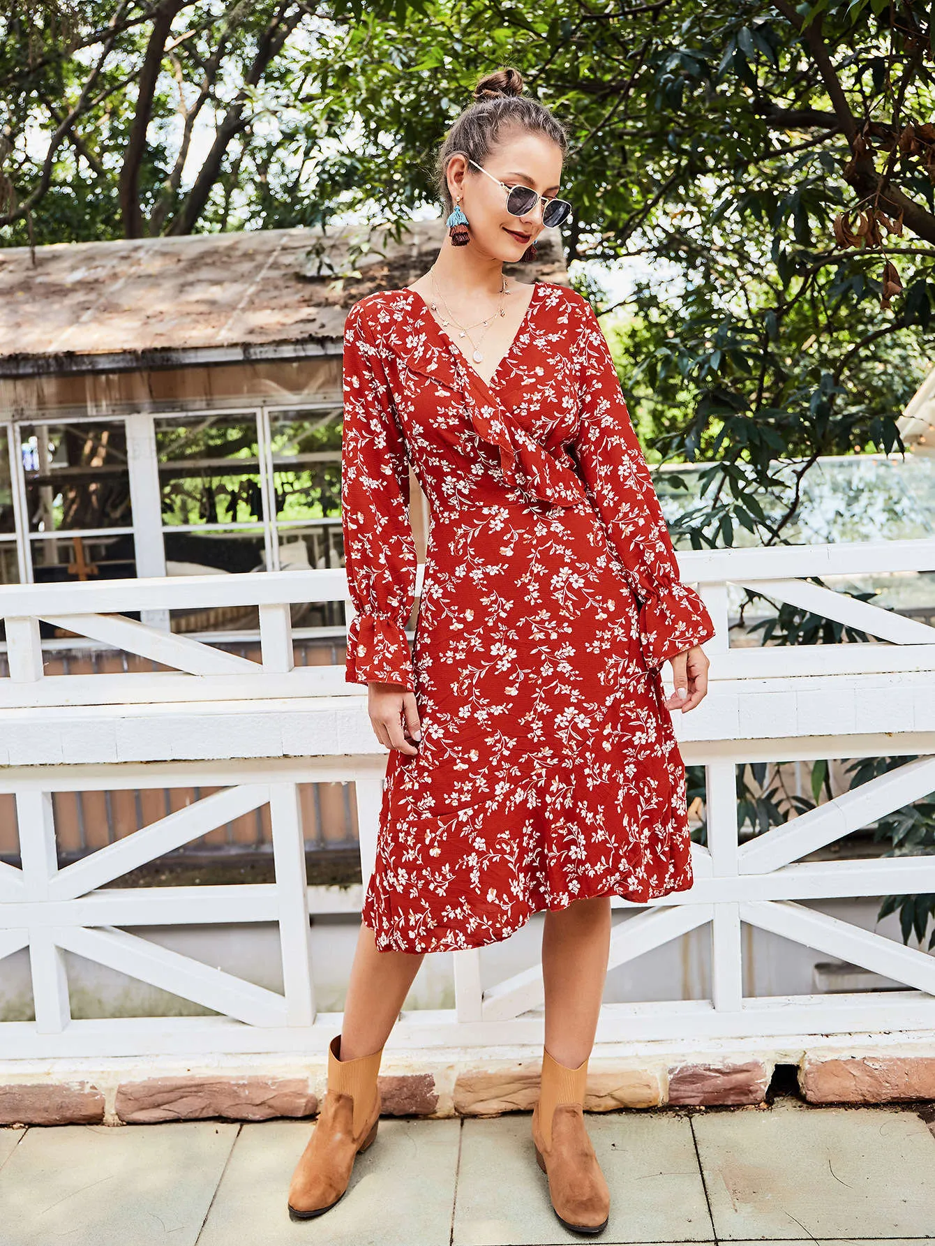 Original Design Women's Red Long Sleeve Dress Autumn