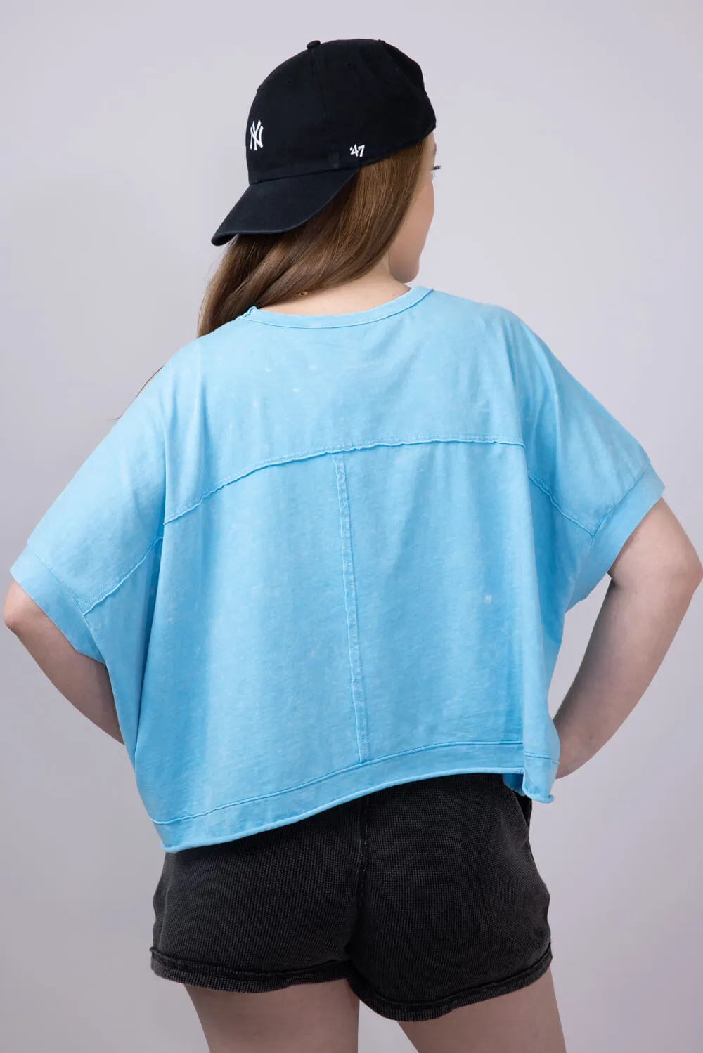 Oversized Cropped Mineral Wash Knit Top for Women in Aqua Blue | NT11429-AQUABLUE