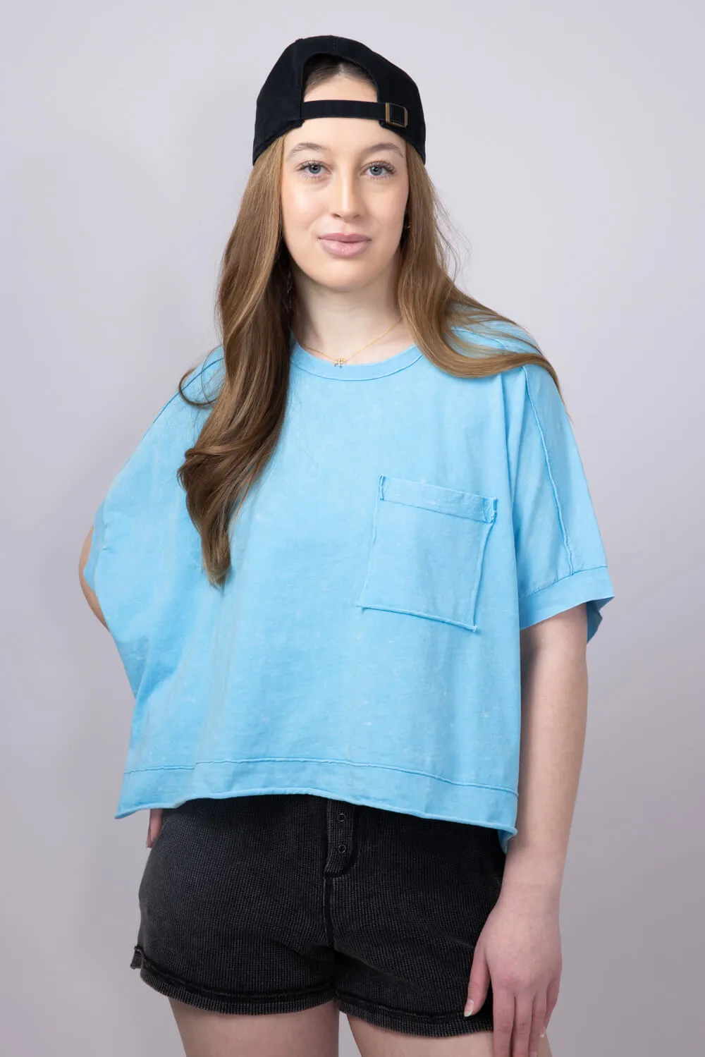 Oversized Cropped Mineral Wash Knit Top for Women in Aqua Blue | NT11429-AQUABLUE