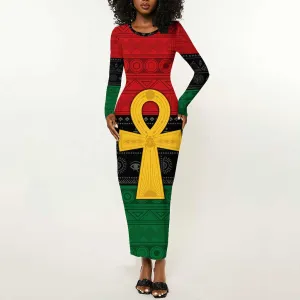 Pan African Ankh Long Sleeve Bodycon Dress Egyptian Cross DT02