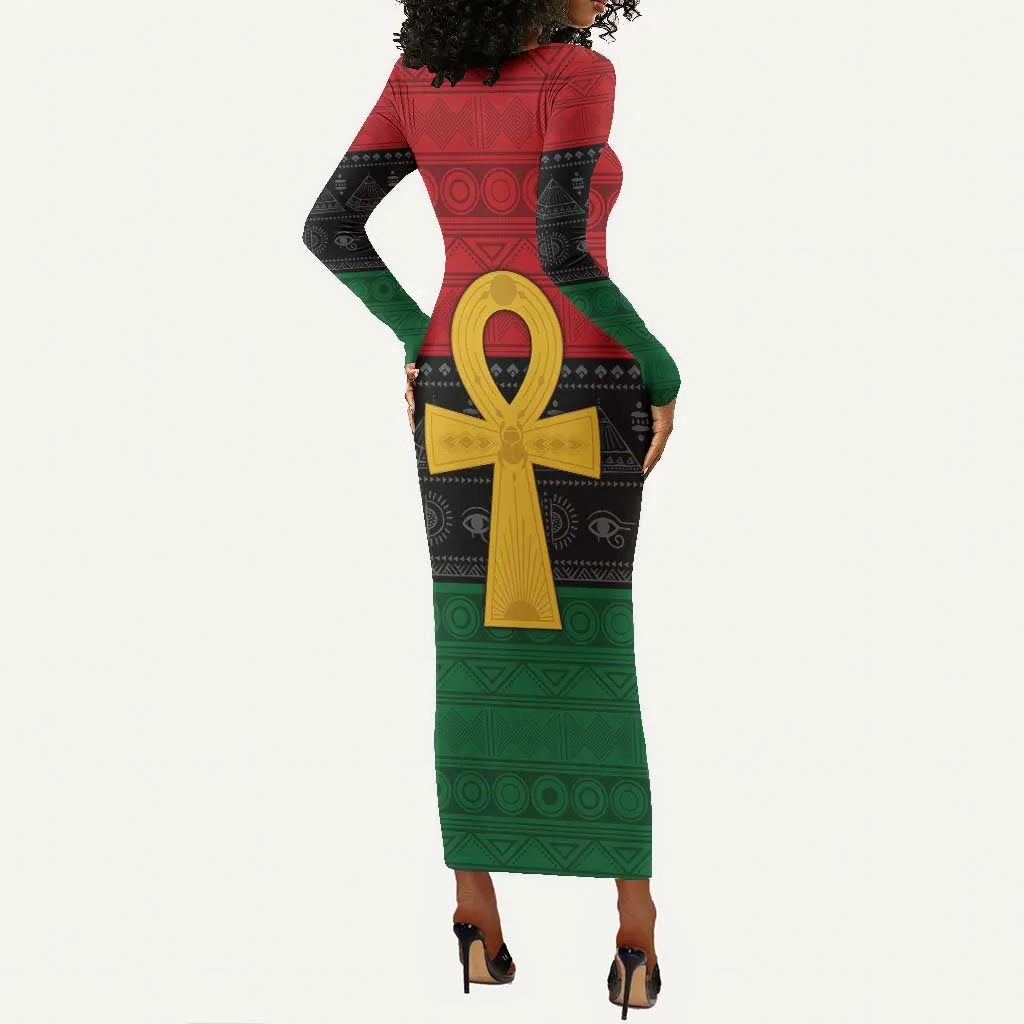 Pan African Ankh Long Sleeve Bodycon Dress Egyptian Cross DT02
