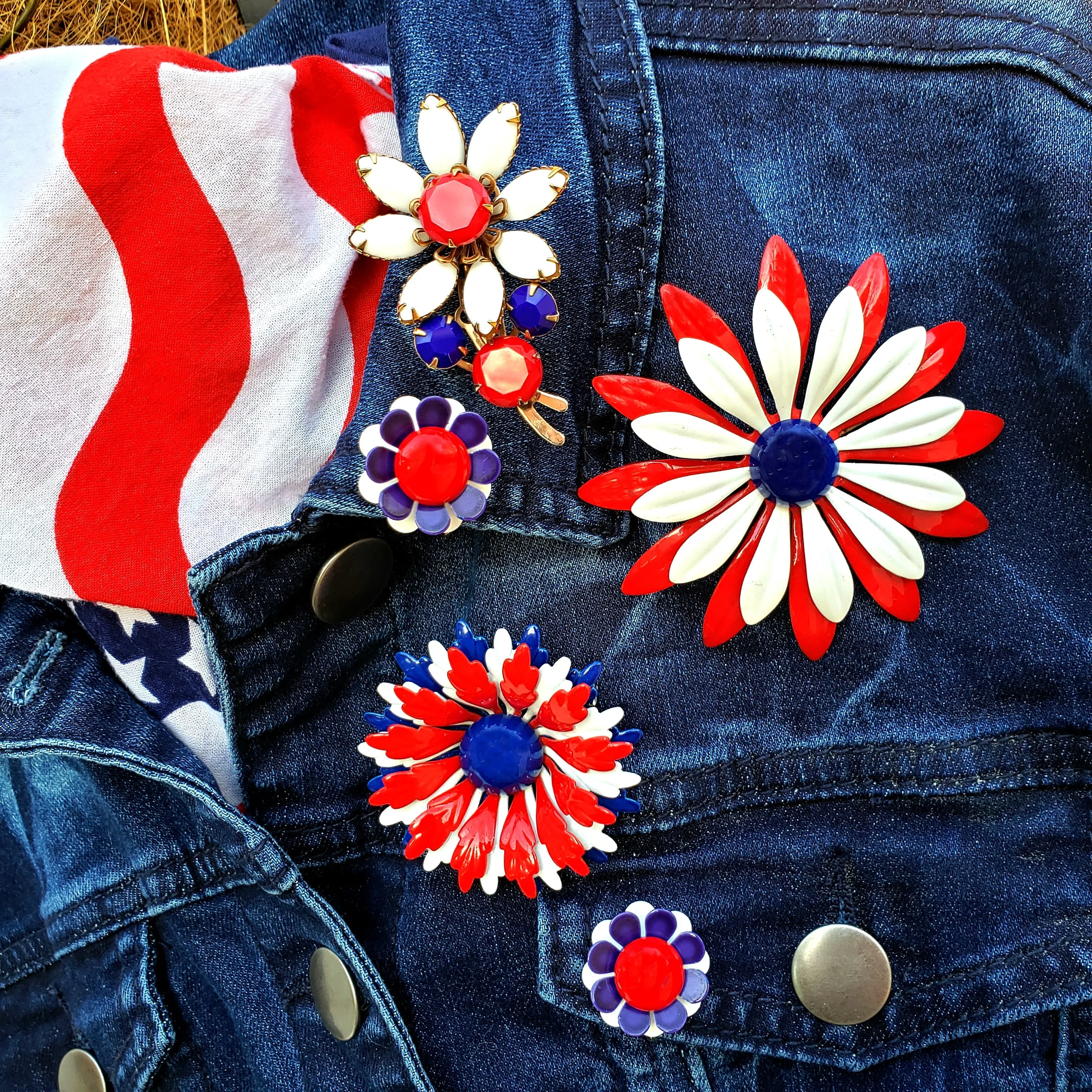 Patriotic Red White and Blue Vintage Flower Brooch Collection