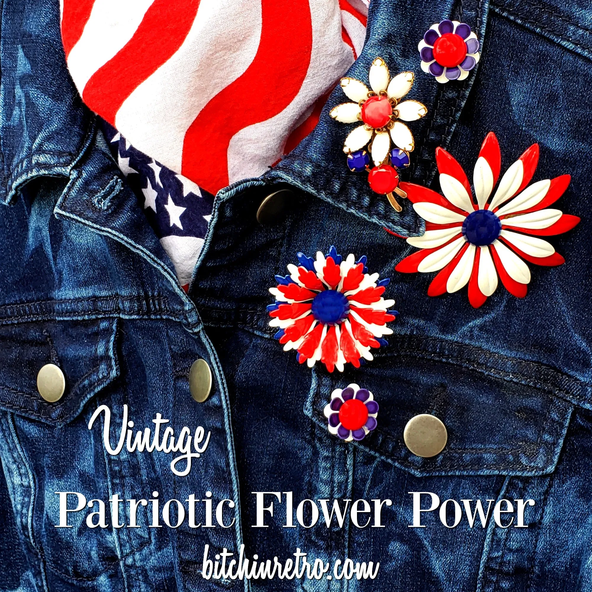Patriotic Red White and Blue Vintage Flower Brooch Collection