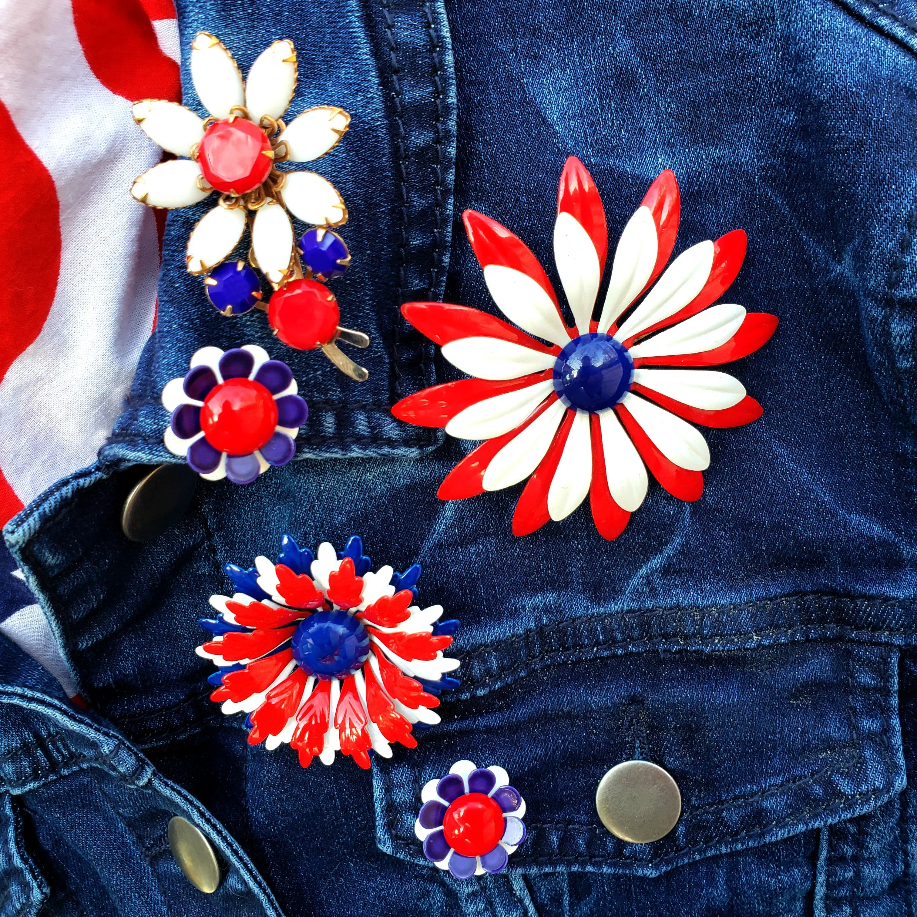 Patriotic Red White and Blue Vintage Flower Brooch Collection