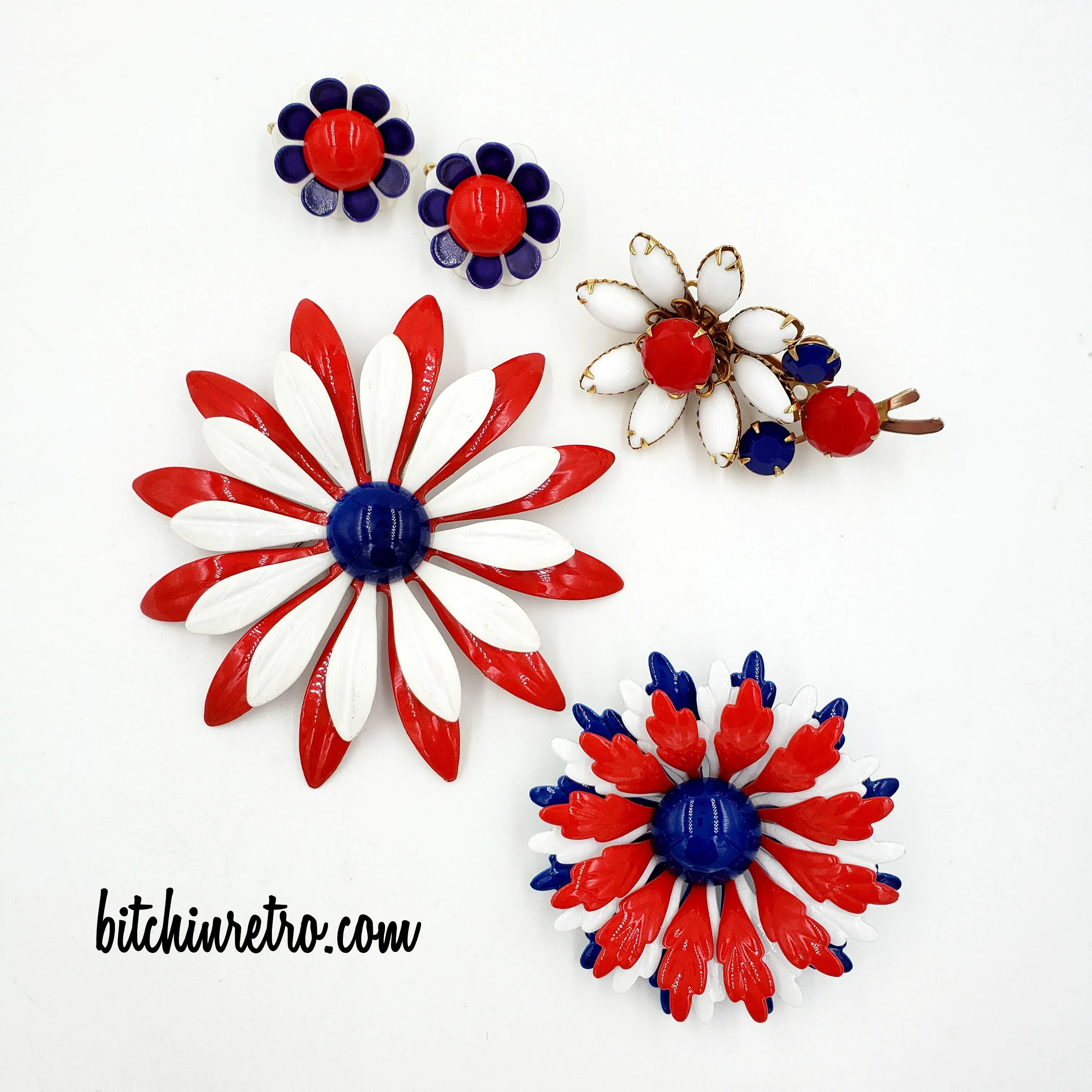 Patriotic Red White and Blue Vintage Flower Brooch Collection