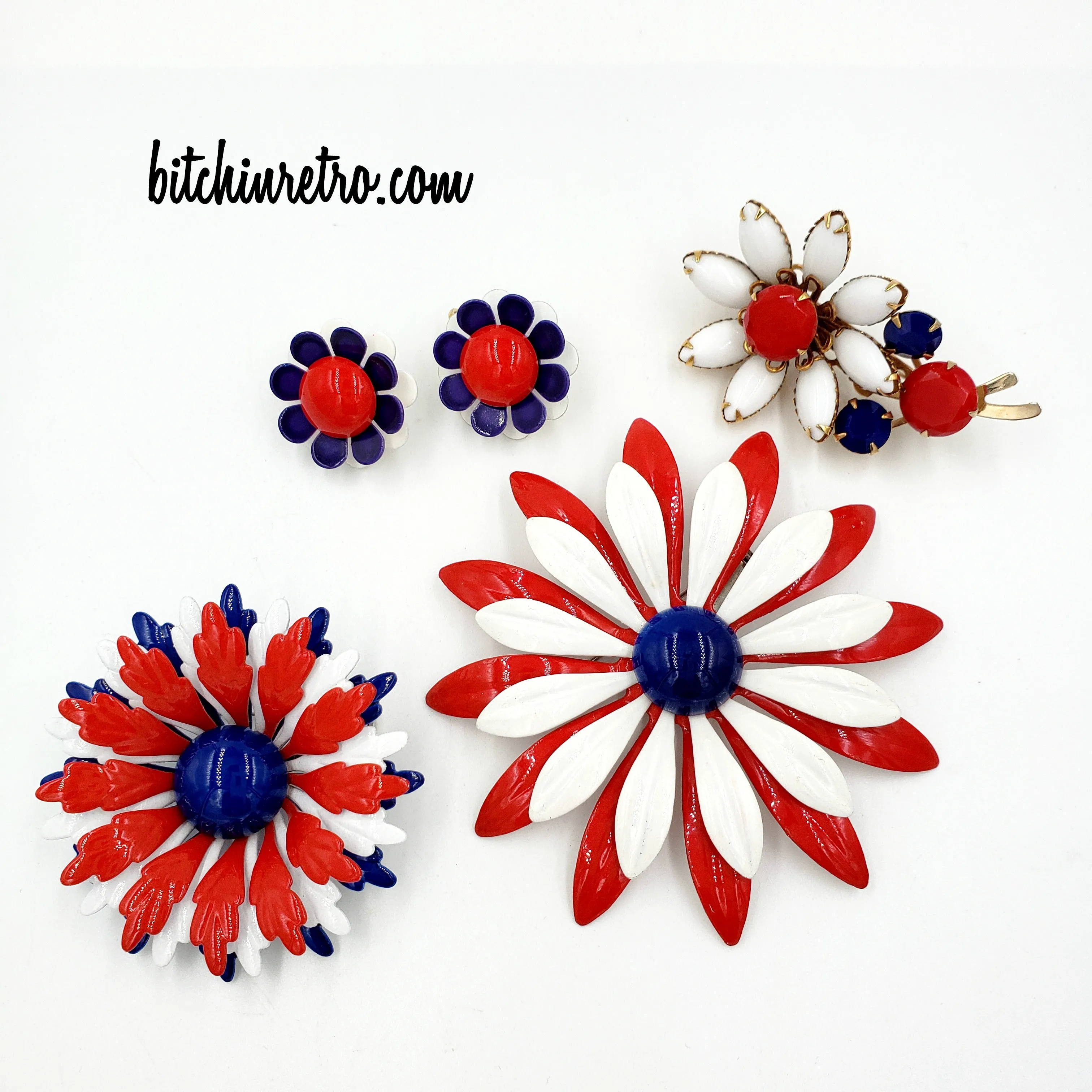 Patriotic Red White and Blue Vintage Flower Brooch Collection