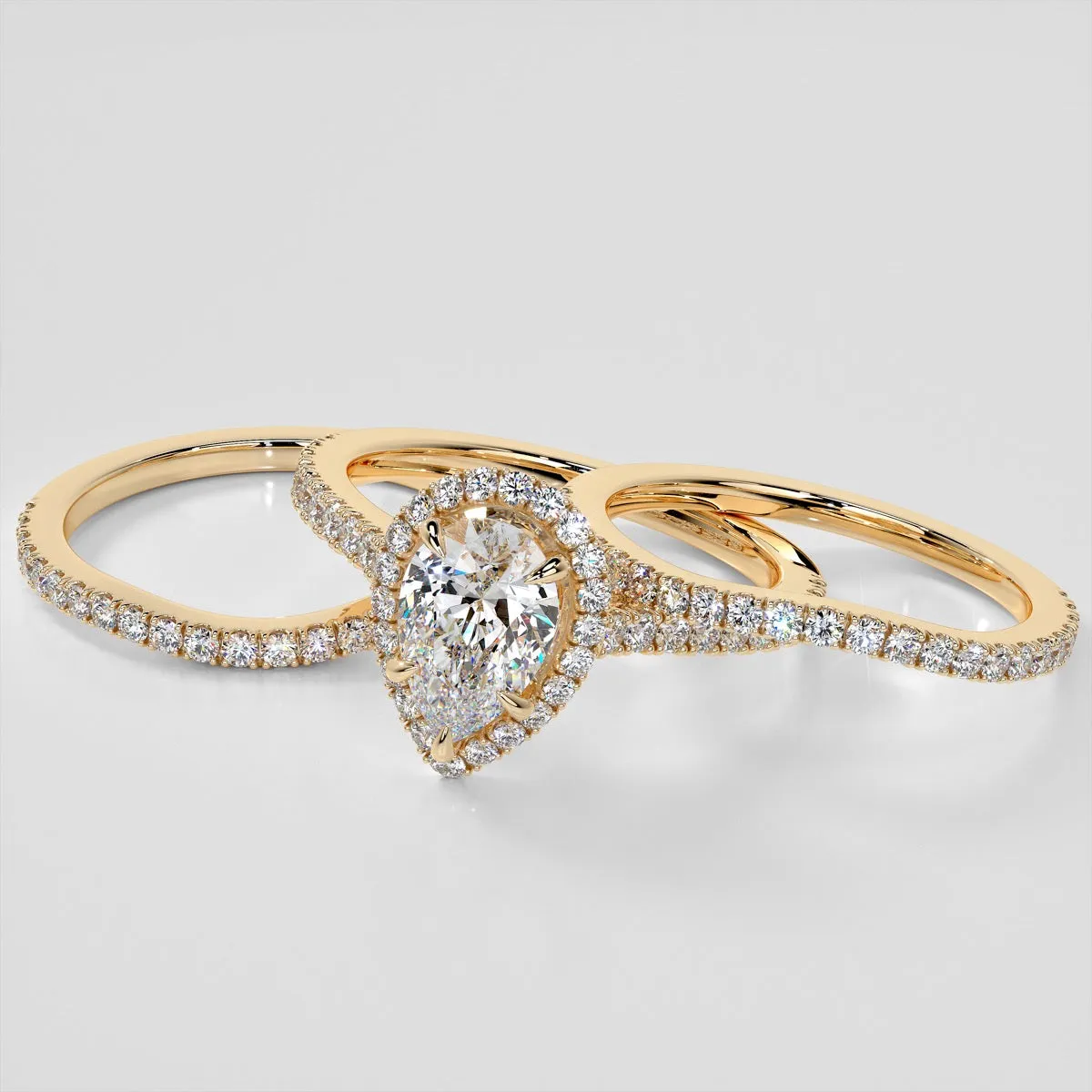 Pear Cut Halo Wedding Set With Accents