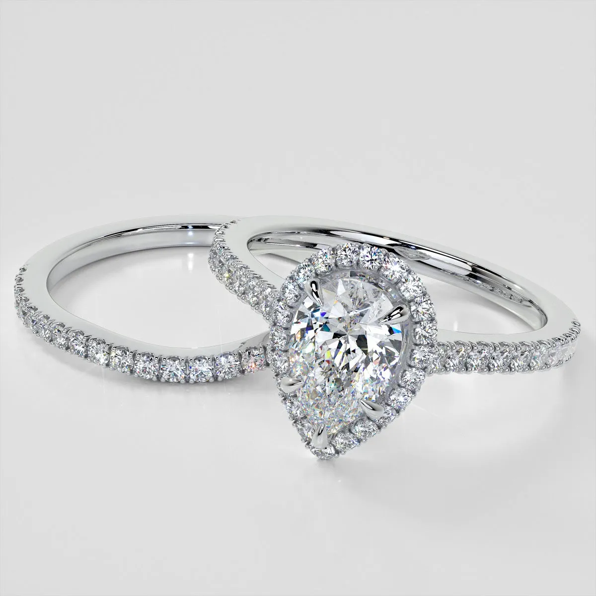Pear Cut Halo Wedding Set With Accents