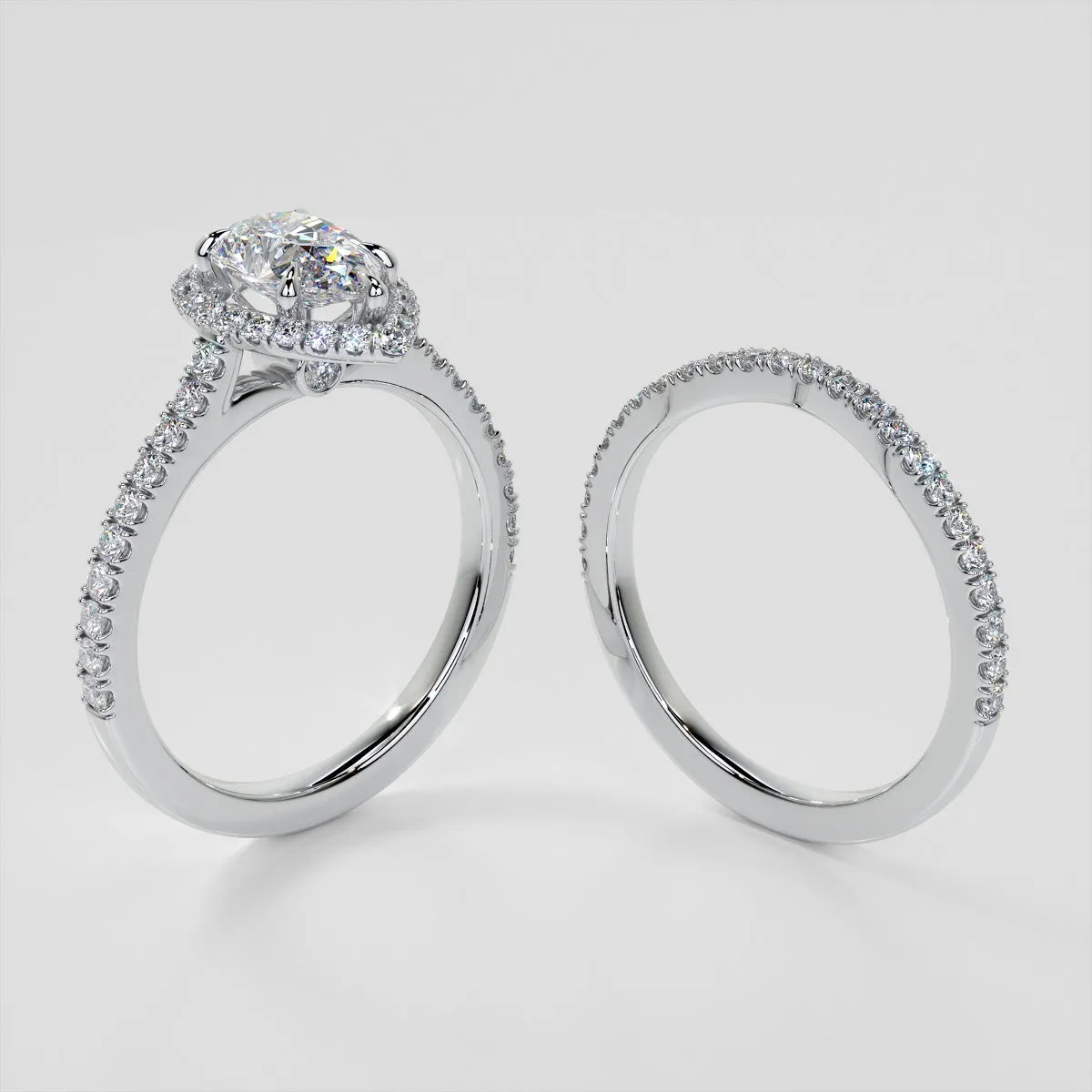 Pear Cut Halo Wedding Set With Accents