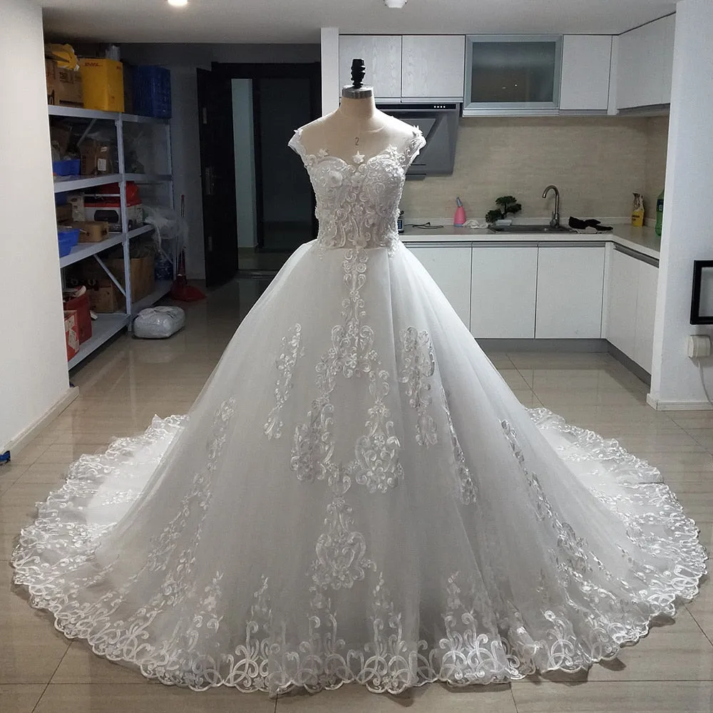 Pearls Appliques Flowers Gorgeous Ball Gown Wedding Dresses With Chapel Train Casamento See Through Sexy Bridal Dress Plus Size