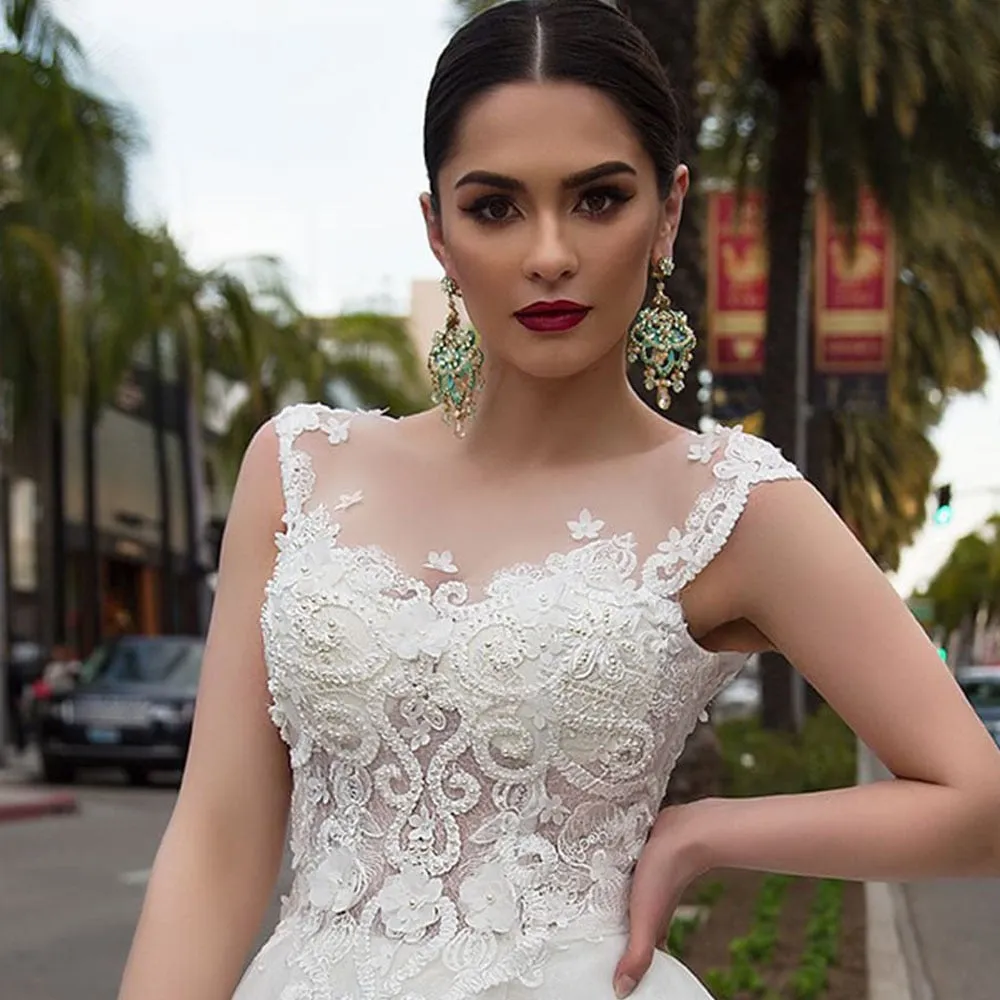 Pearls Appliques Flowers Gorgeous Ball Gown Wedding Dresses With Chapel Train Casamento See Through Sexy Bridal Dress Plus Size