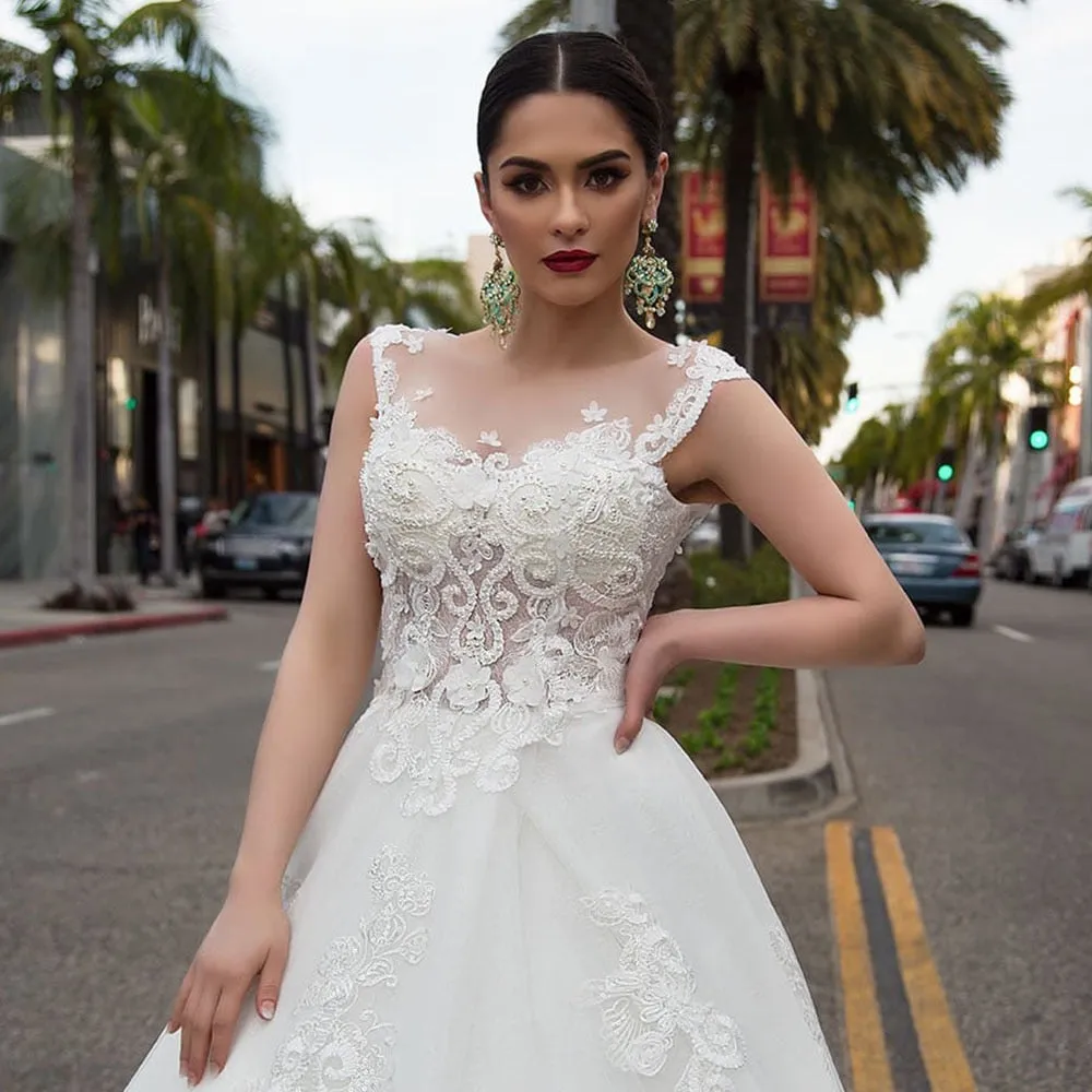 Pearls Appliques Flowers Gorgeous Ball Gown Wedding Dresses With Chapel Train Casamento See Through Sexy Bridal Dress Plus Size