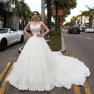 Pearls Appliques Flowers Gorgeous Ball Gown Wedding Dresses With Chapel Train Casamento See Through Sexy Bridal Dress Plus Size
