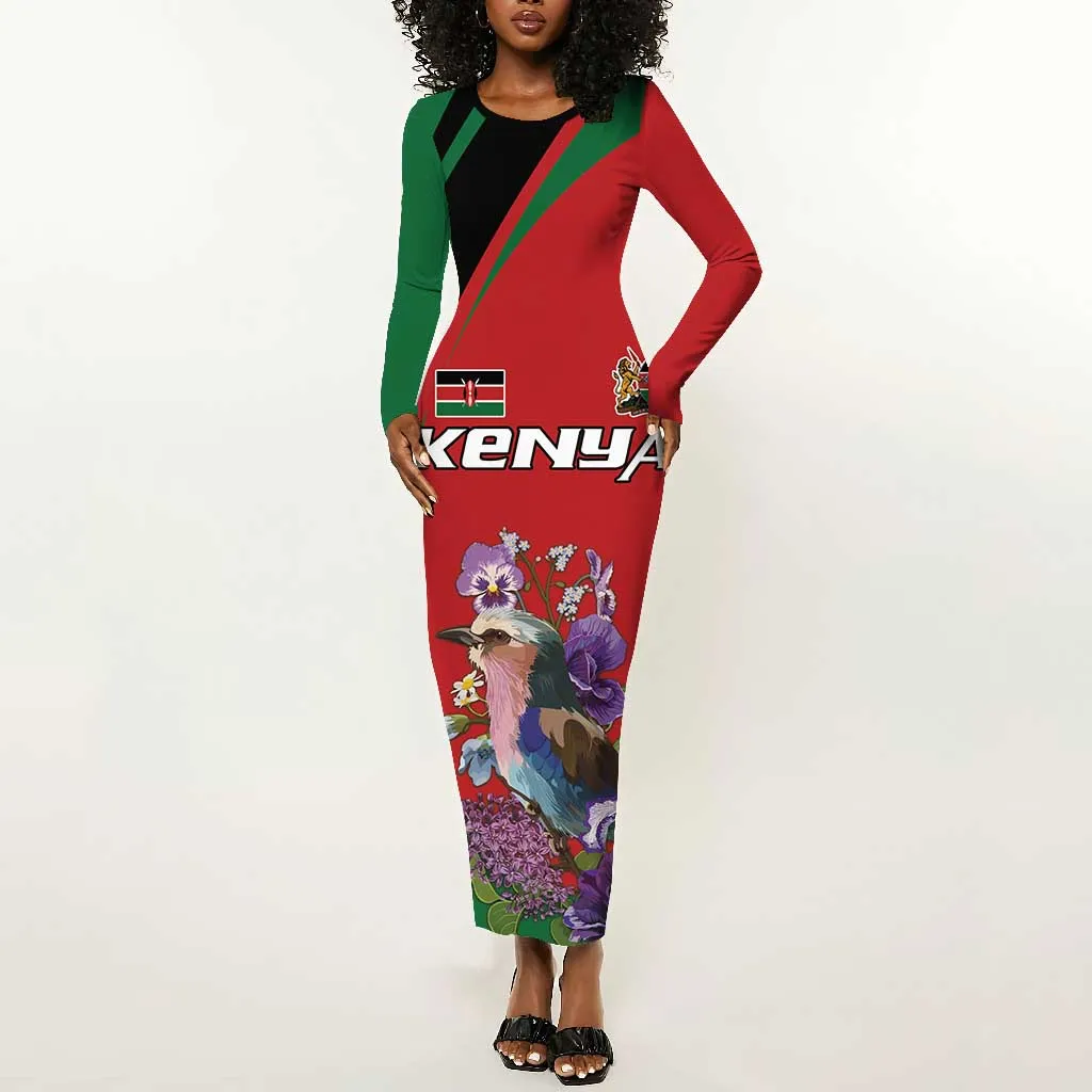 Personalized Afro Kenya Lilac Breasted Roller Long Sleeve Bodycon Dress With Violet Flowers LT18