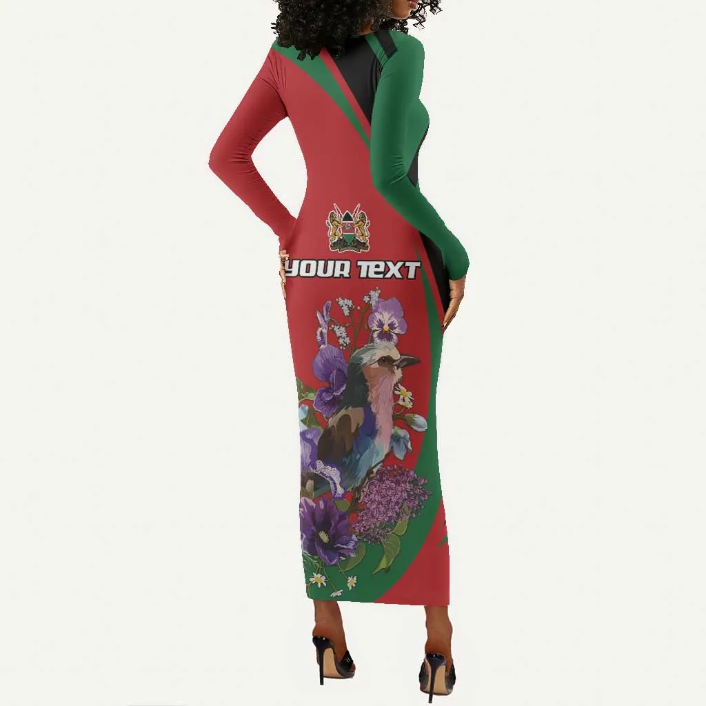 Personalized Afro Kenya Lilac Breasted Roller Long Sleeve Bodycon Dress With Violet Flowers LT18