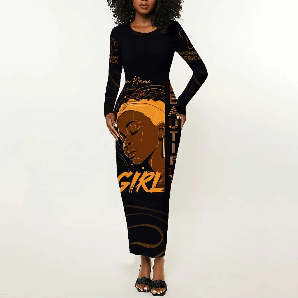 Personalized Beautiful Black Girl Long Sleeve Bodycon Dress - Women of Africa Design DT02