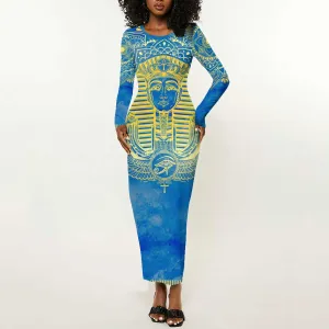Personalized Egyptian Pharaoh Long Sleeve Bodycon Dress with Mandala and Eye of Horus in Blue DT02