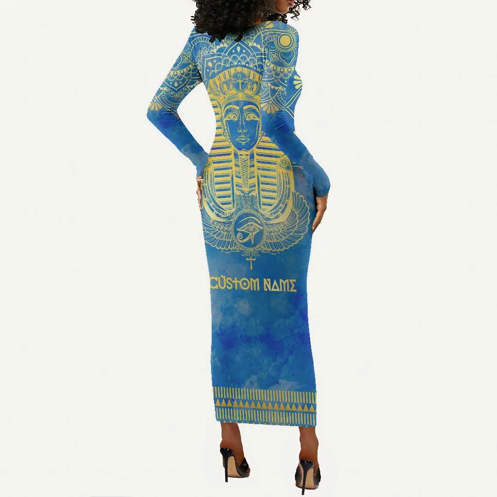 Personalized Egyptian Pharaoh Long Sleeve Bodycon Dress with Mandala and Eye of Horus in Blue DT02