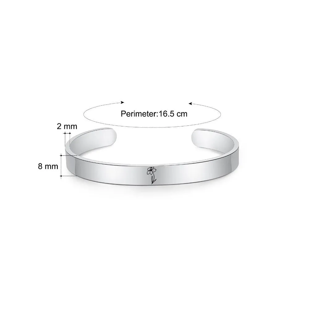 Personalized Engraved 2 Birth Flower Cuff Bracelet