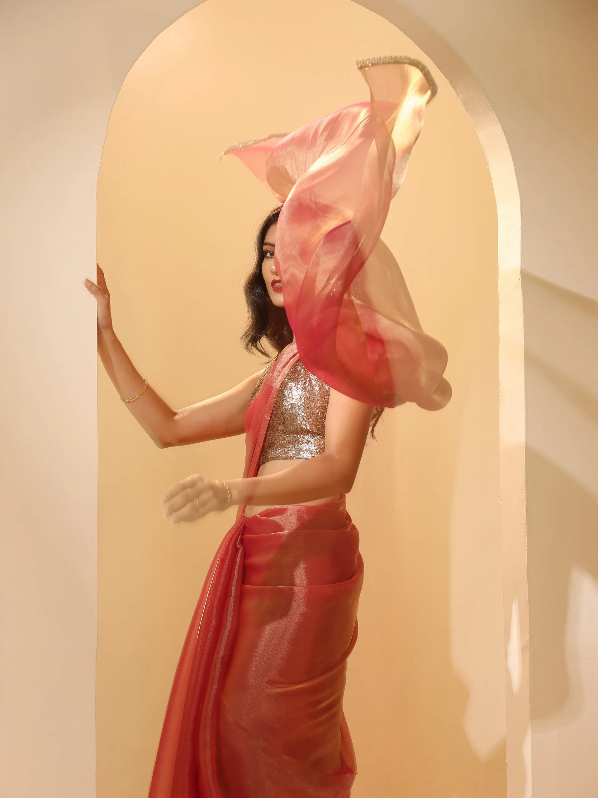Pink Copper Mettalic Chiffon Saree with Lace