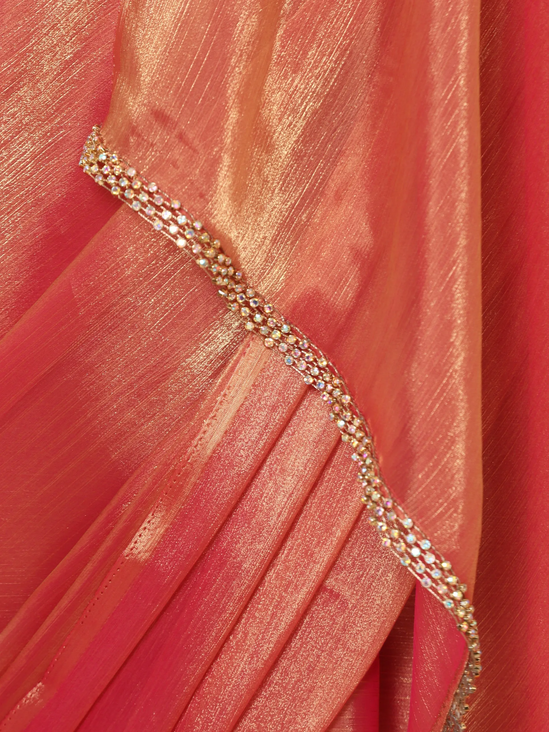 Pink Copper Mettalic Chiffon Saree with Lace