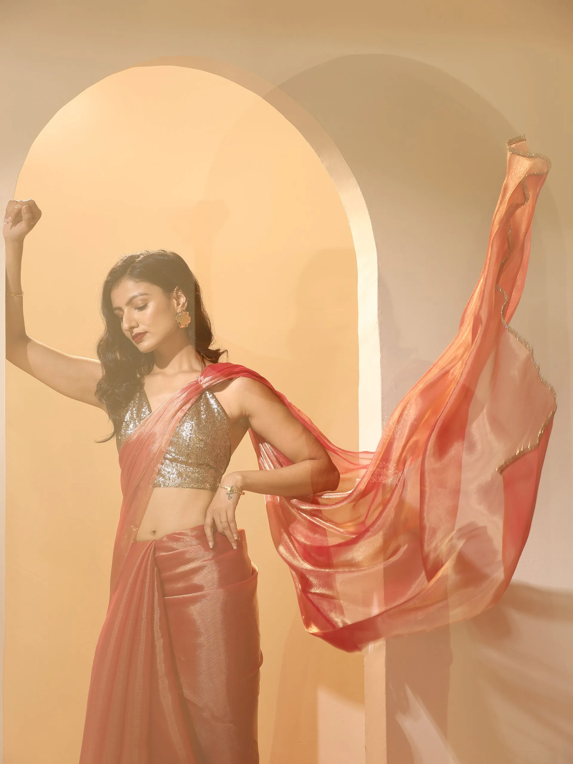 Pink Copper Mettalic Chiffon Saree with Lace