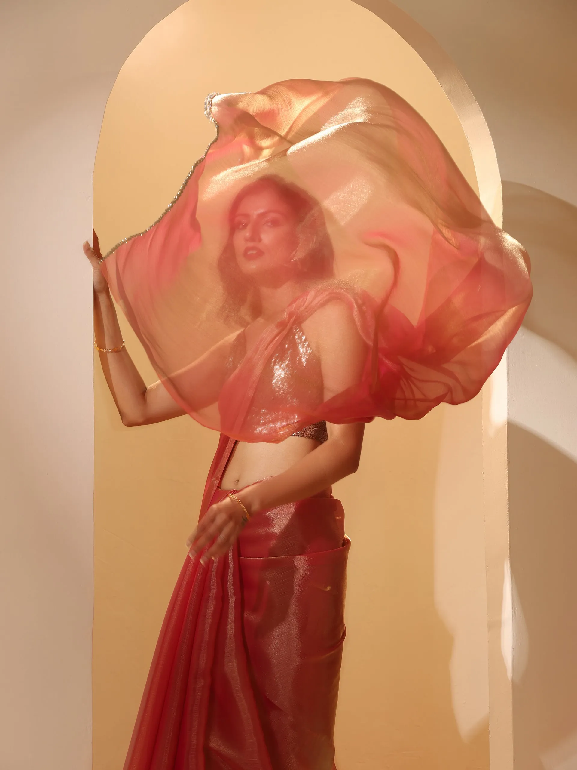 Pink Copper Mettalic Chiffon Saree with Lace
