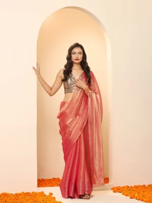 Pink Copper Mettalic Chiffon Saree with Lace