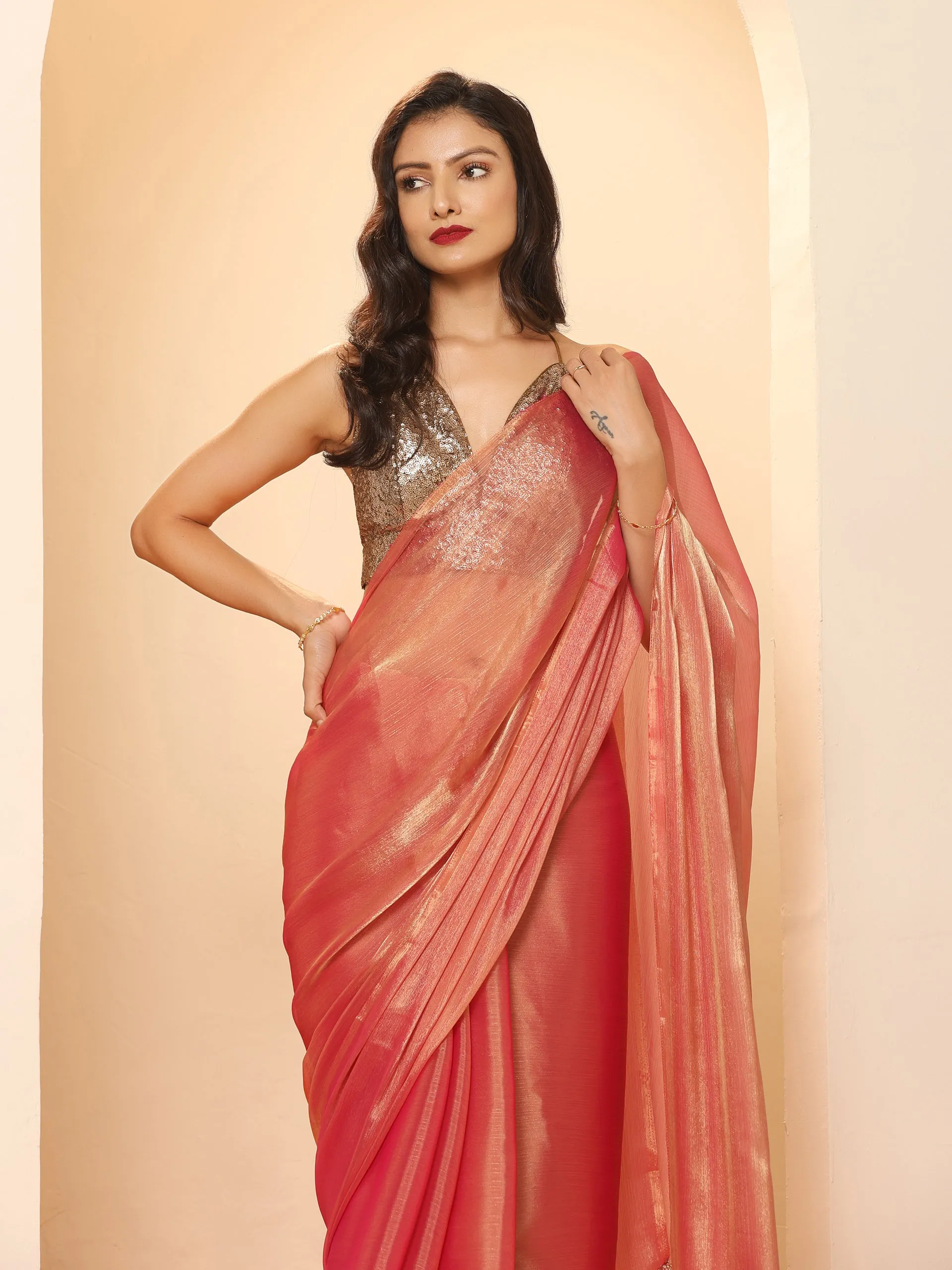Pink Copper Mettalic Chiffon Saree with Lace