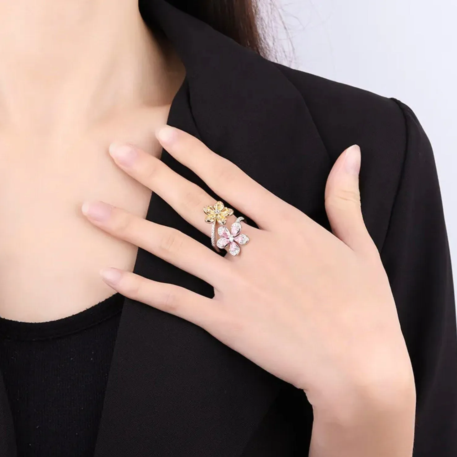 Pink Diamond Ring | Yellow Diamond Ring | Womens Pink Diamond Ring | Promise Ring | Womens Diamond Flower Ring | Flower Ring