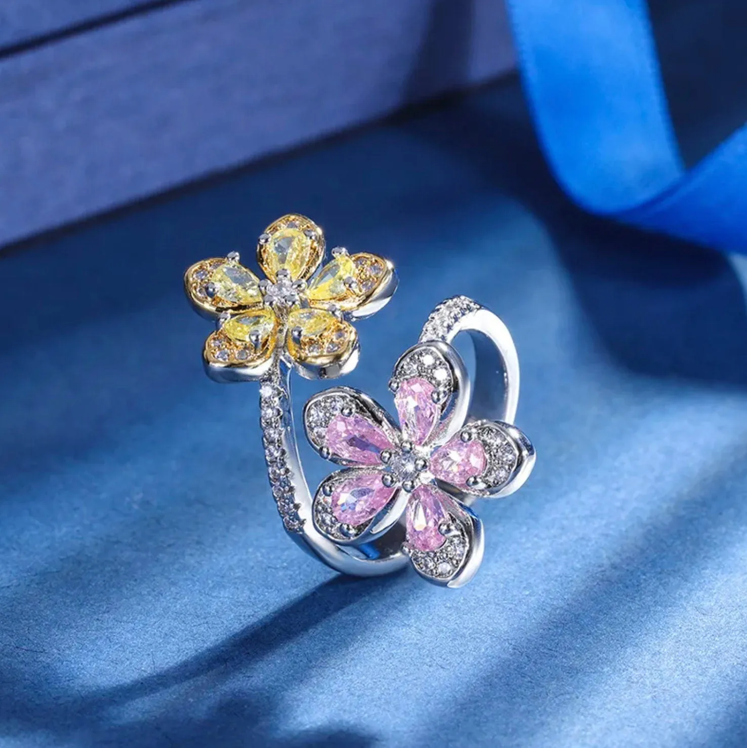 Pink Diamond Ring | Yellow Diamond Ring | Womens Pink Diamond Ring | Promise Ring | Womens Diamond Flower Ring | Flower Ring