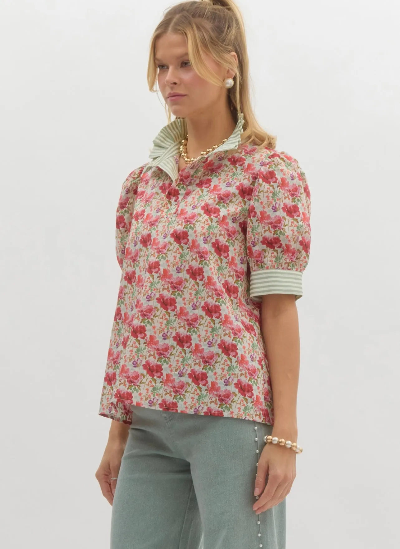 Pink Floral Green Striped Blouse