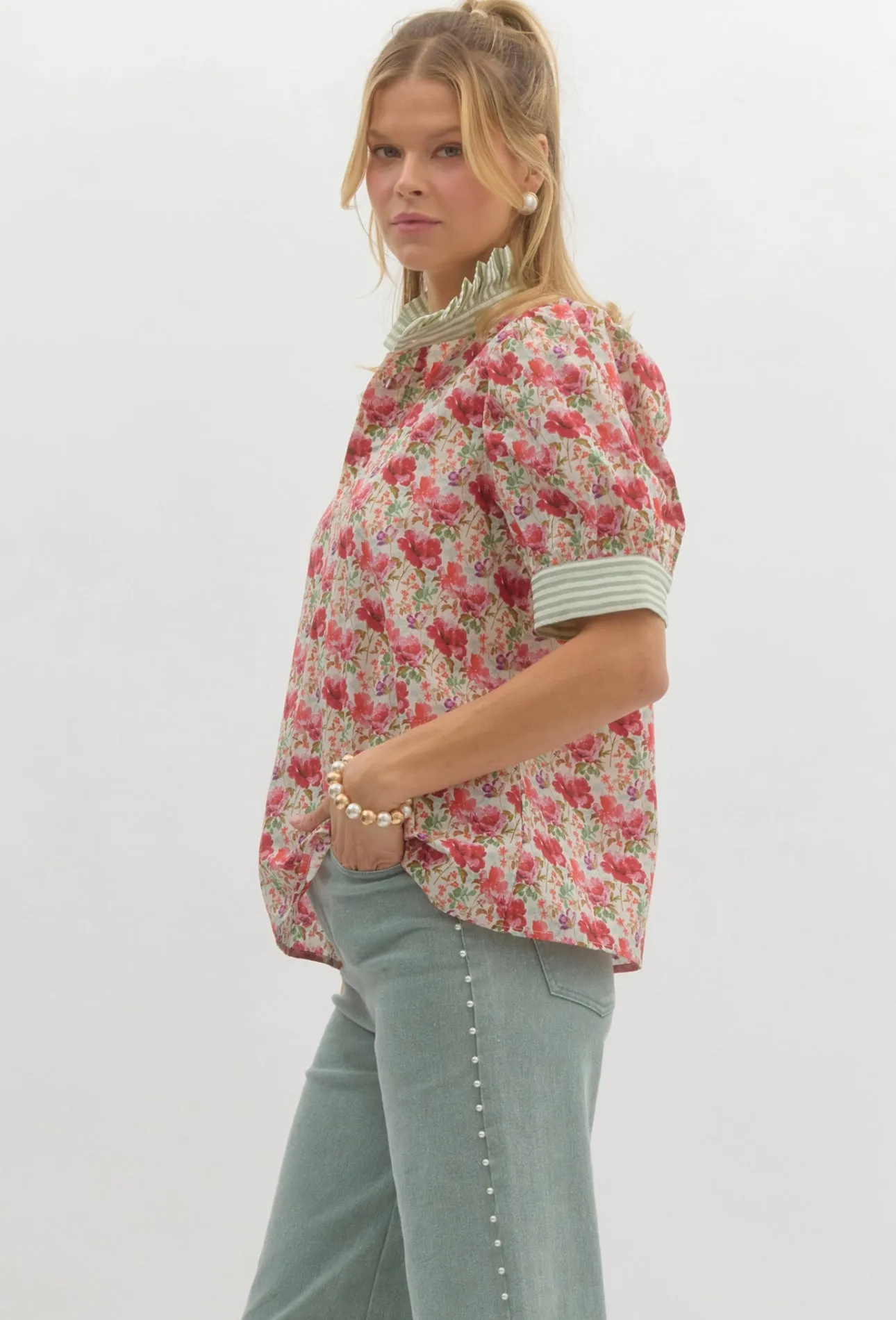 Pink Floral Green Striped Blouse