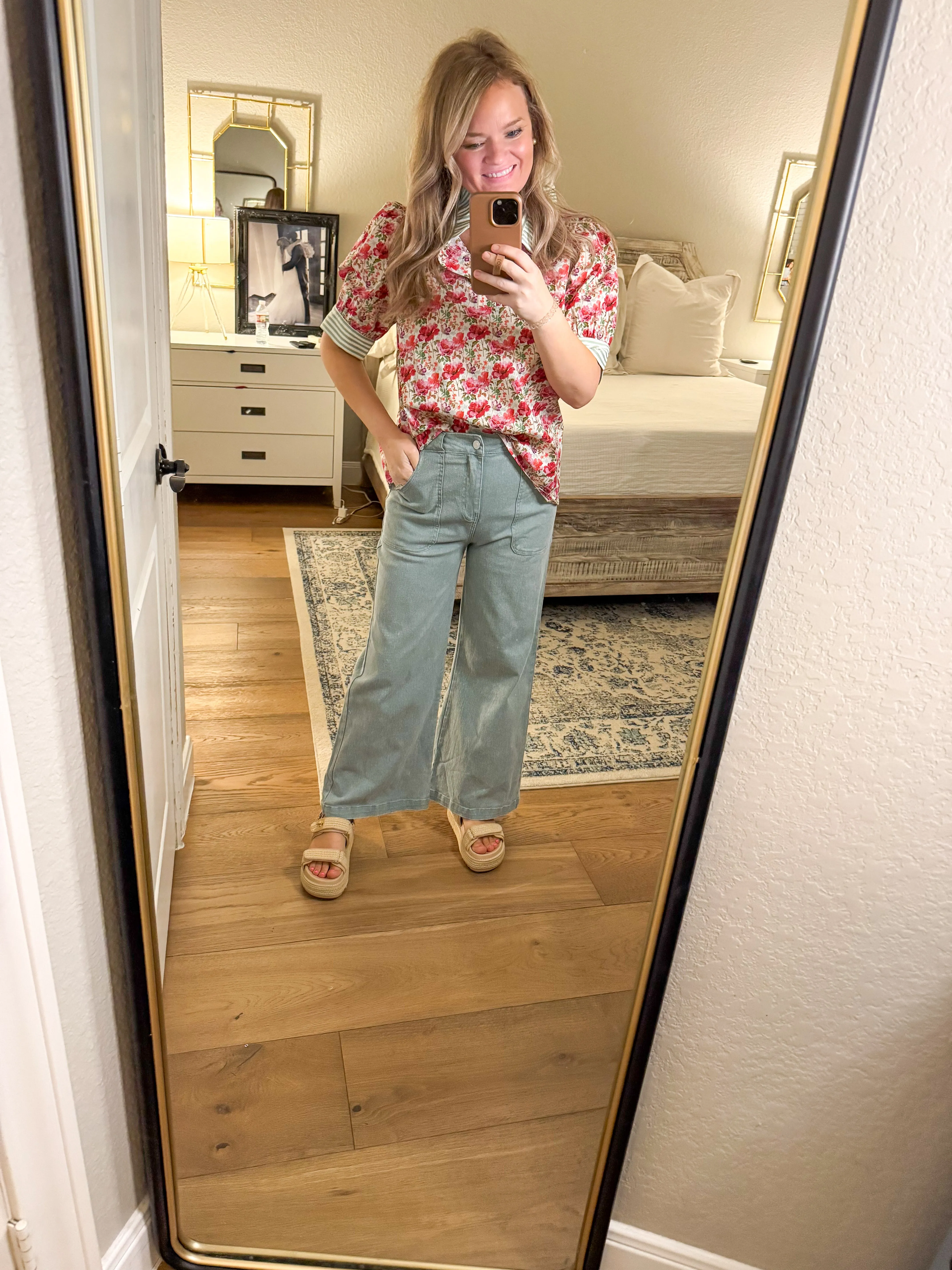 Pink Floral Green Striped Blouse