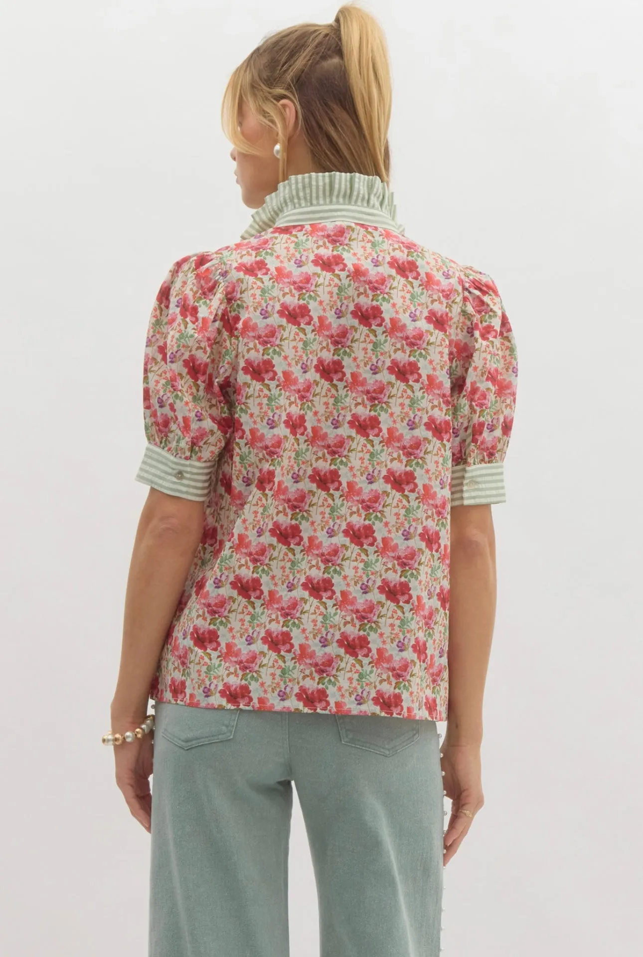 Pink Floral Green Striped Blouse