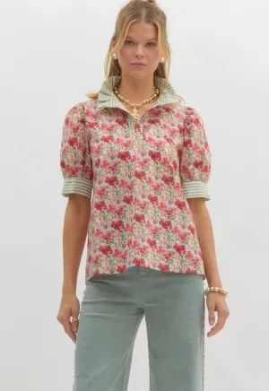 Pink Floral Green Striped Blouse