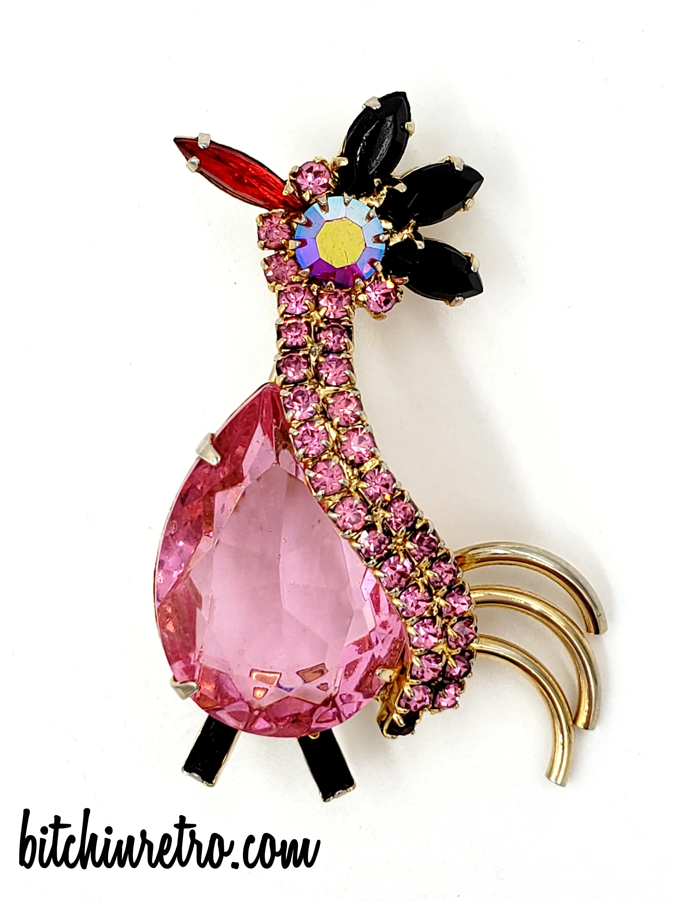 Pink Rhinestone Vintage Rooster Brooch