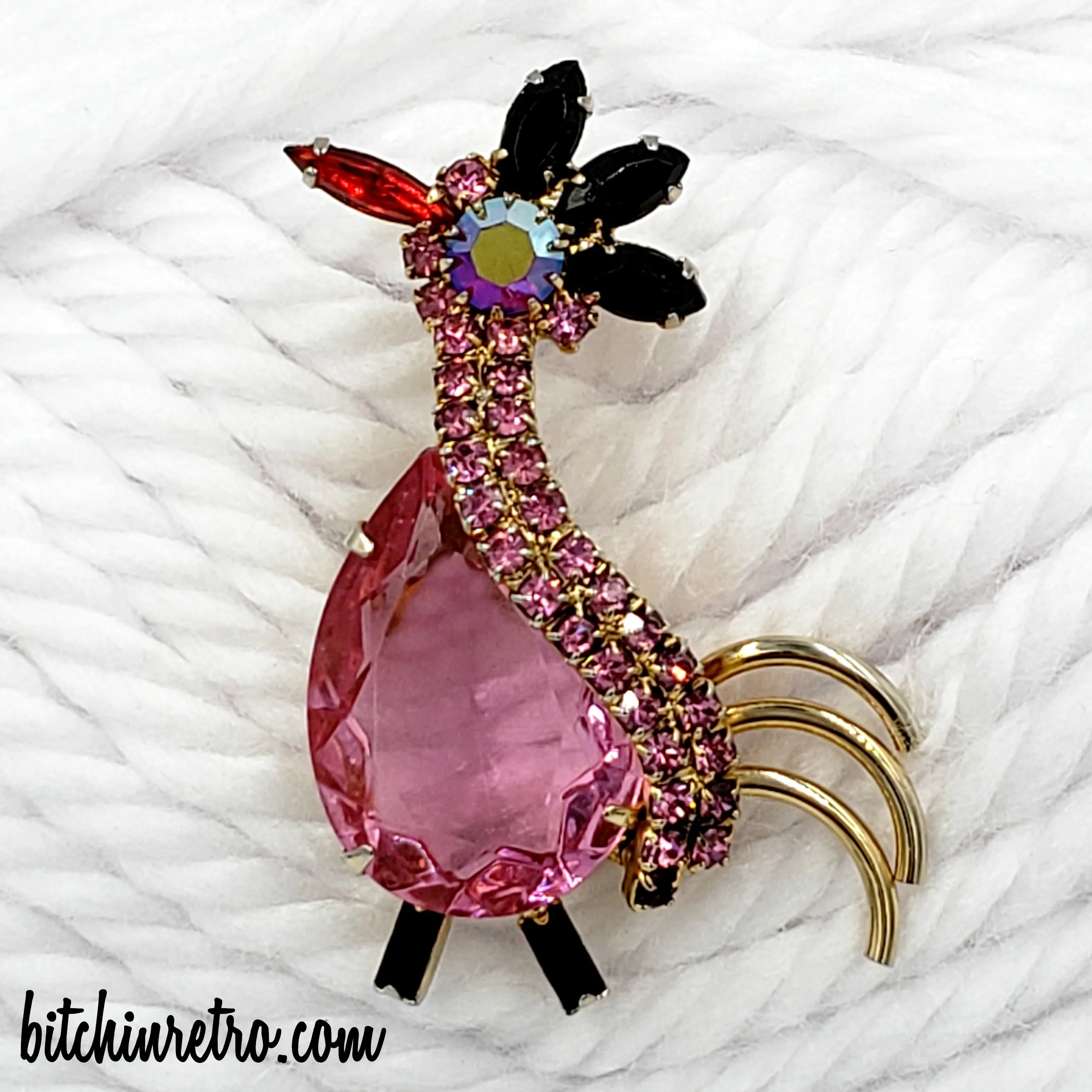 Pink Rhinestone Vintage Rooster Brooch